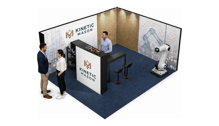 Stoisko 6 × 5 m narożne prawe dla branży automatyka przemysłowa, przykładowa marka Kinetic Mason