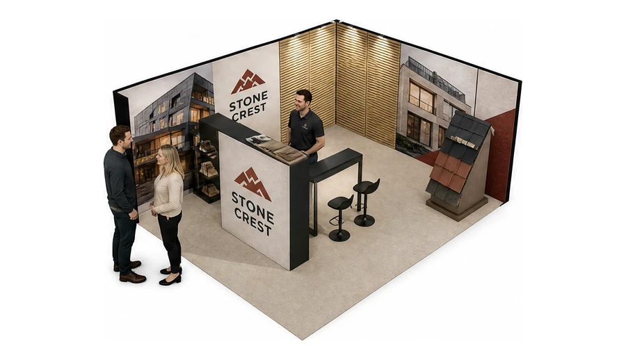 Stoisko 6 × 5 m narożne prawe dla branży dachy i elewacje, przykładowa marka Stone Crest