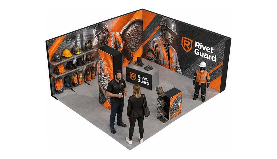 Stoisko 6 × 5 m narożne prawe dla branży BHP i odzież ochronna, przykładowa marka Rivet Guard