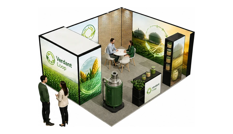 Stoisko 6 × 5 m narożne prawe dla branży biogaz i OZE, przykładowa marka Verdant Loop