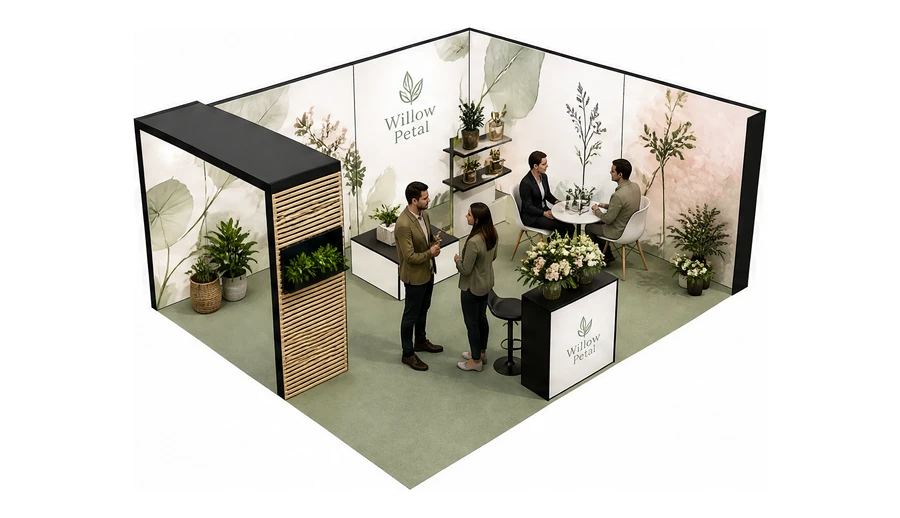 Stoisko 6 × 5 m narożne prawe dla branży rośliny i kwiaciarstwo, przykładowa marka Willow Petal