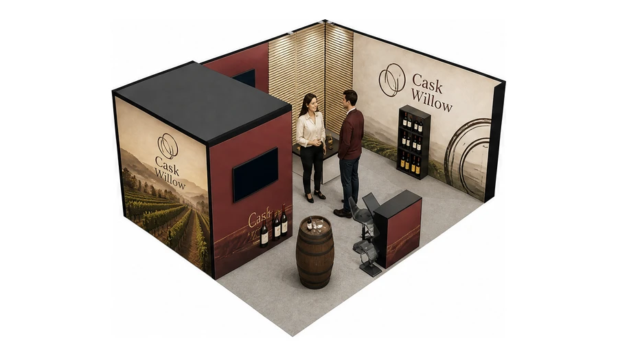 Stoisko 6 × 5 m narożne prawe dla branży winnica, przykładowa marka Cask Willow