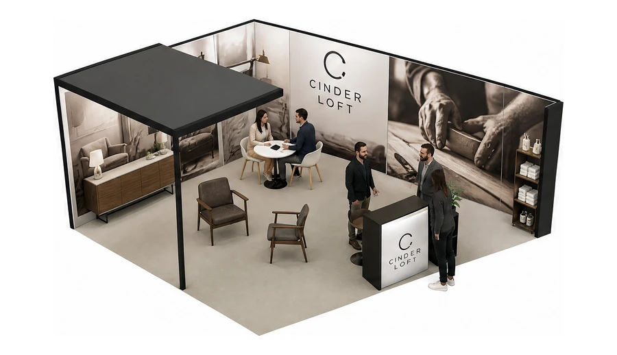 Stoisko 6 × 5 m narożne prawe dla branży meble designerskie, przykładowa marka Cinder Loft