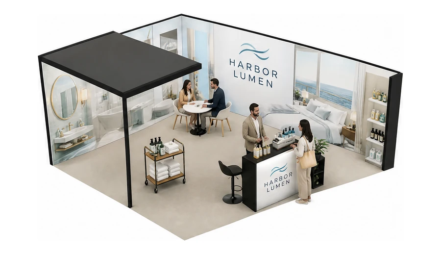 Stoisko 6 × 5 m narożne prawe dla branży wyposażenie hoteli, przykładowa marka Harbor Lumen