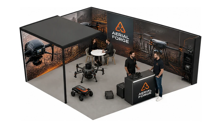 Stoisko 6 × 5 m narożne prawe dla branży drony i robotyka, przykładowa marka Aerial Forge