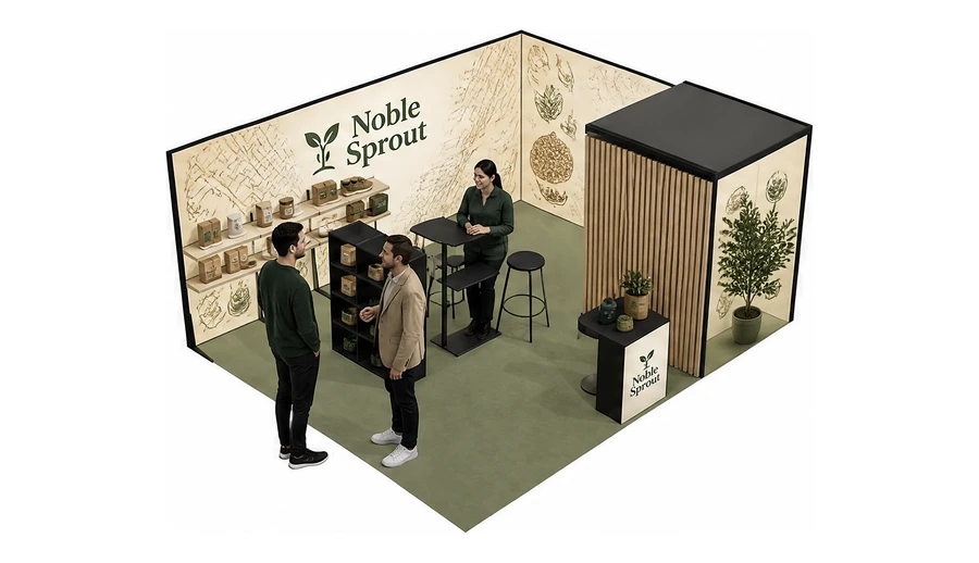 Stoisko 6 × 5 m narożne prawe dla branży franczyza i sieci, przykładowa marka Noble Sprout