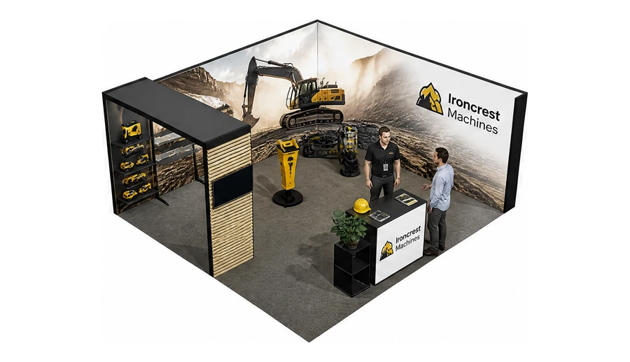 Stoisko 6 × 5 m narożne prawe dla branży maszyny budowlane, przykładowa marka Ironcrest Machines