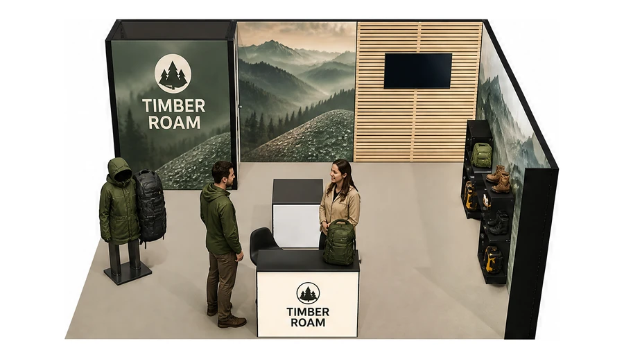 Stoisko 6 × 5 m narożne prawe dla branży odzież i sprzęt outdoorowy, przykładowa marka Timber Roam