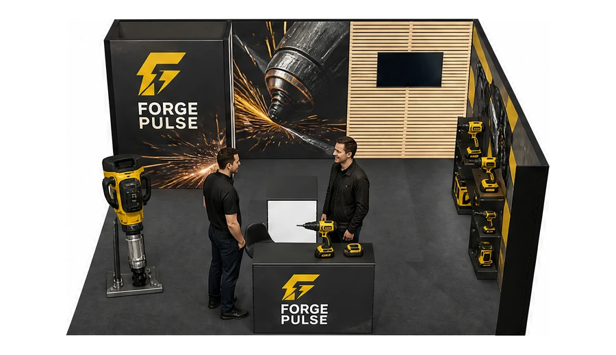 Stoisko 6 × 5 m narożne prawe dla branży elektronarzędzia, przykładowa marka Forge Pulse