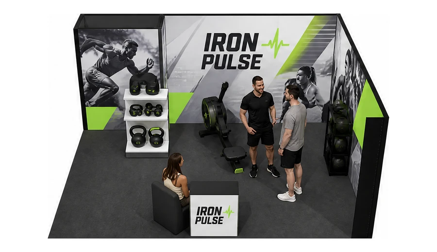 Stoisko 6 × 5 m narożne prawe dla branży fitness i siłownie, przykładowa marka Iron Pulse