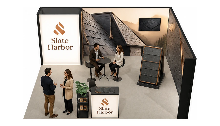 Stoisko 6 × 5 m narożne prawe dla branży dachy i elewacje, przykładowa marka Slate Harbor