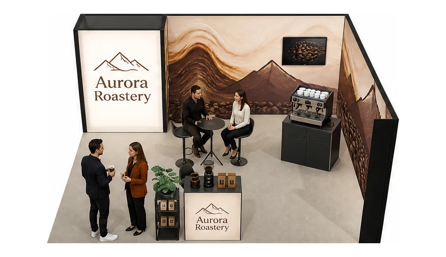 Stoisko 6 × 5 m narożne prawe dla branży palarnia kawy, przykładowa marka Aurora Roastery