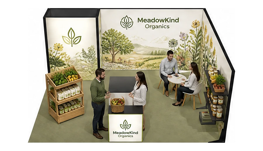 Stoisko 6 × 5 m narożne prawe dla branży żywność ekologiczna, przykładowa marka MeadowKind Organics