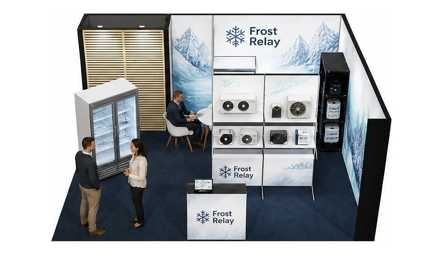 Stoisko 6 × 5 m narożne prawe dla branży łańcuch chłodniczy, przykładowa marka Frost Relay