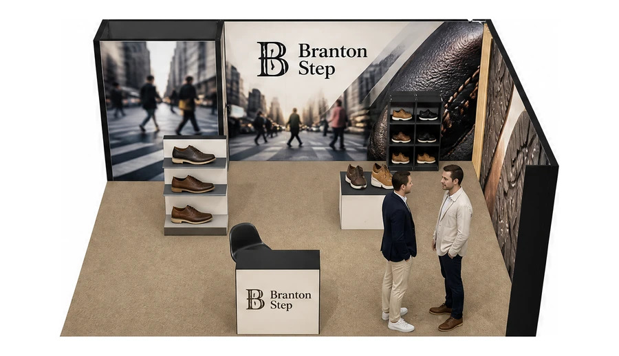 Stoisko 6 × 5 m narożne prawe dla branży obuwie, przykładowa marka Branton Step