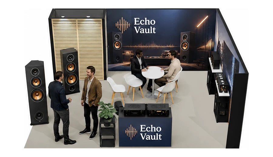 Stoisko 6 × 5 m narożne prawe dla branży sprzęt audio-video, przykładowa marka Echo Vault