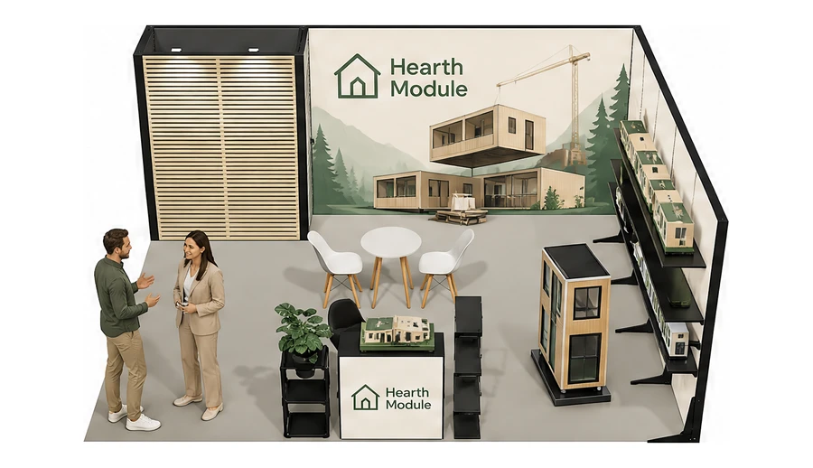 Stoisko 6 × 5 m narożne prawe dla branży domy modułowe i prefabrykacja, przykładowa marka Hearth Module