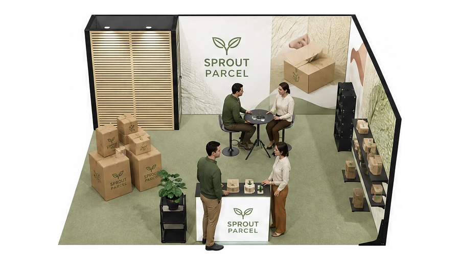 Stoisko 6 × 5 m narożne prawe dla branży opakowania ekologiczne, przykładowa marka Sprout Parcel