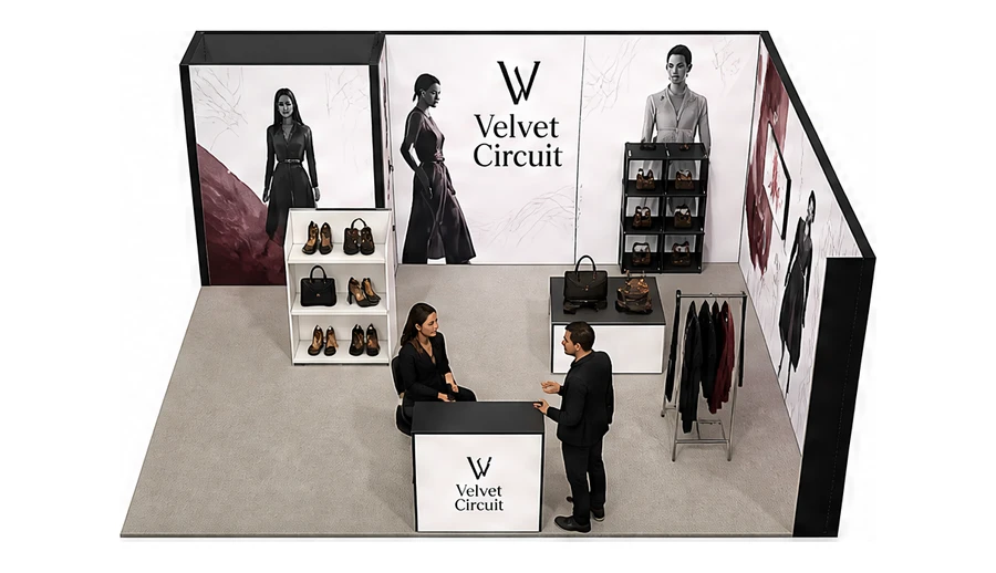 Stoisko 6 × 5 m narożne prawe dla branży odzież i moda, przykładowa marka Velvet Circuit