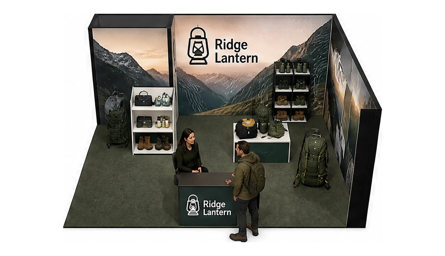Stoisko 6 × 5 m narożne prawe dla branży odzież i sprzęt outdoorowy, przykładowa marka Ridge Lantern