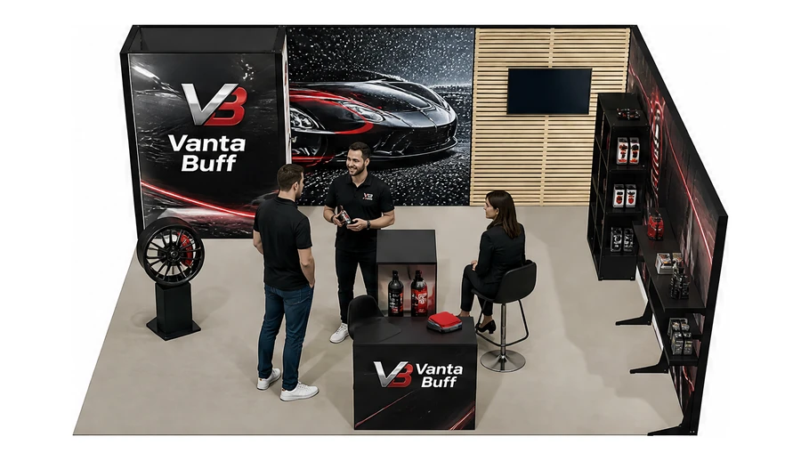Stoisko 6 × 5 m narożne prawe dla branży tuning i detailing, przykładowa marka Vanta Buff