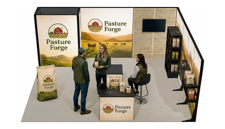 Stoisko 6 × 5 m narożne prawe dla branży hodowla i pasze, przykładowa marka Pasture Forge