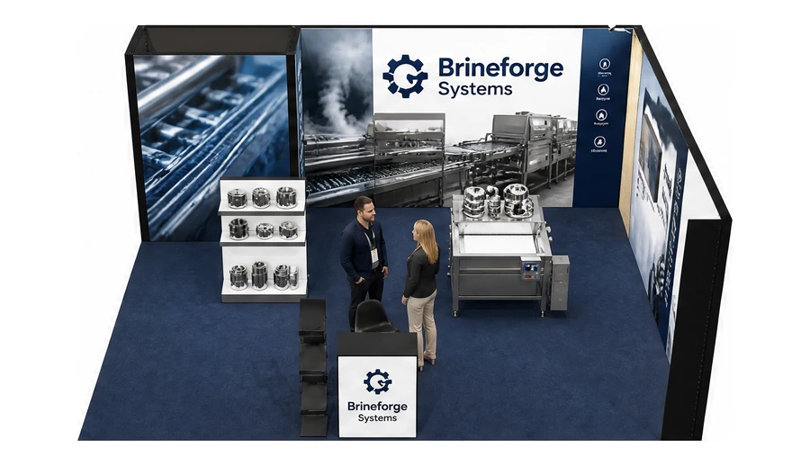 Stoisko 6 × 5 m narożne prawe dla branży technologie spożywcze, przykładowa marka Brineforge Systems