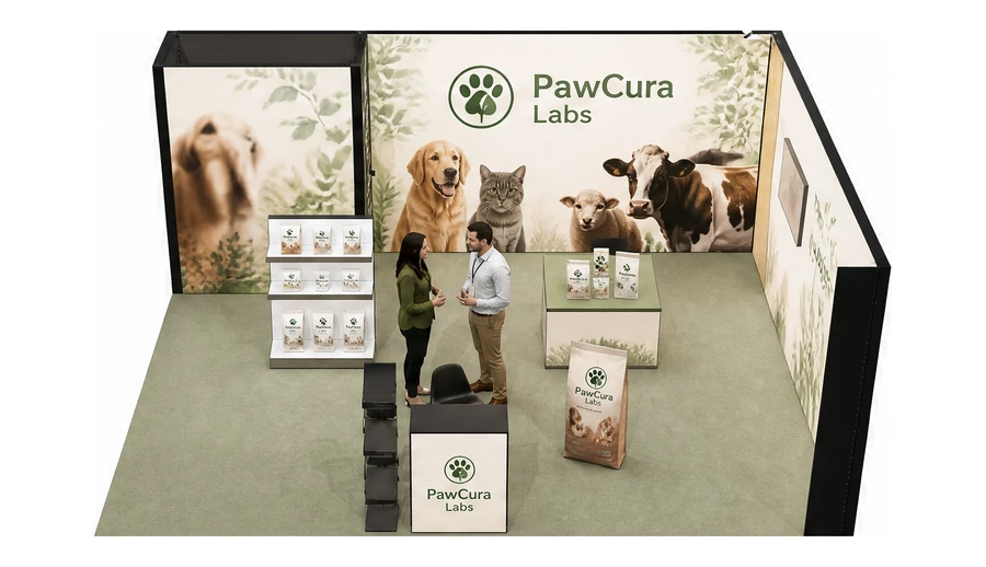 Stoisko 6 × 5 m narożne prawe dla branży weterynaria, przykładowa marka PawCura Labs