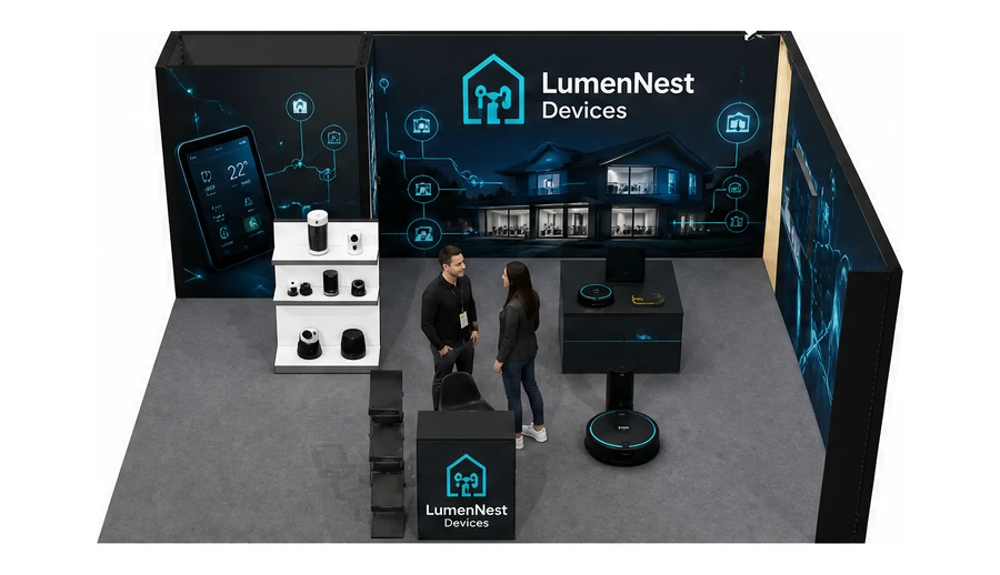 Stoisko 6 × 5 m narożne prawe dla branży smart home i IoT, przykładowa marka LumenNest Devices