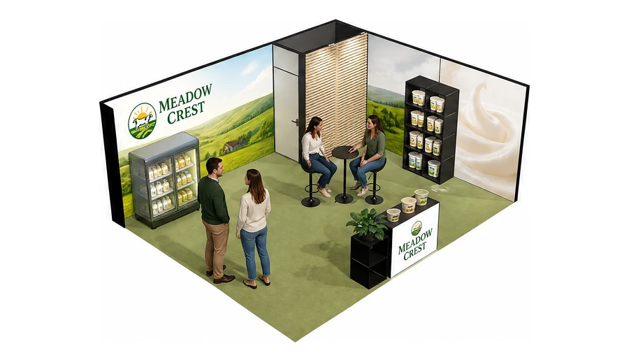 Stoisko 6 × 5 m narożne prawe dla branży nabiał i mleczarstwo, przykładowa marka Meadow Crest