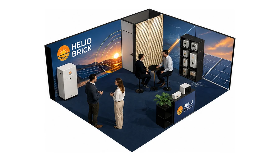 Stoisko 6 × 5 m narożne prawe dla branży fotowoltaika, przykładowa marka Helio Brick