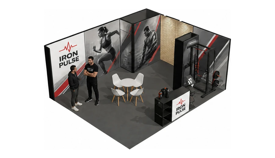 Stoisko 6 × 5 m narożne prawe dla branży fitness i siłownie, przykładowa marka Iron Pulse