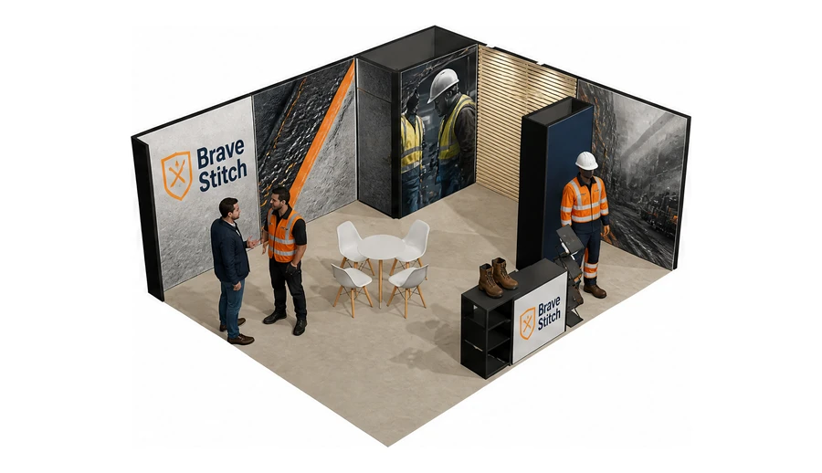 Stoisko 6 × 5 m narożne prawe dla branży BHP i odzież ochronna, przykładowa marka Brave Stitch
