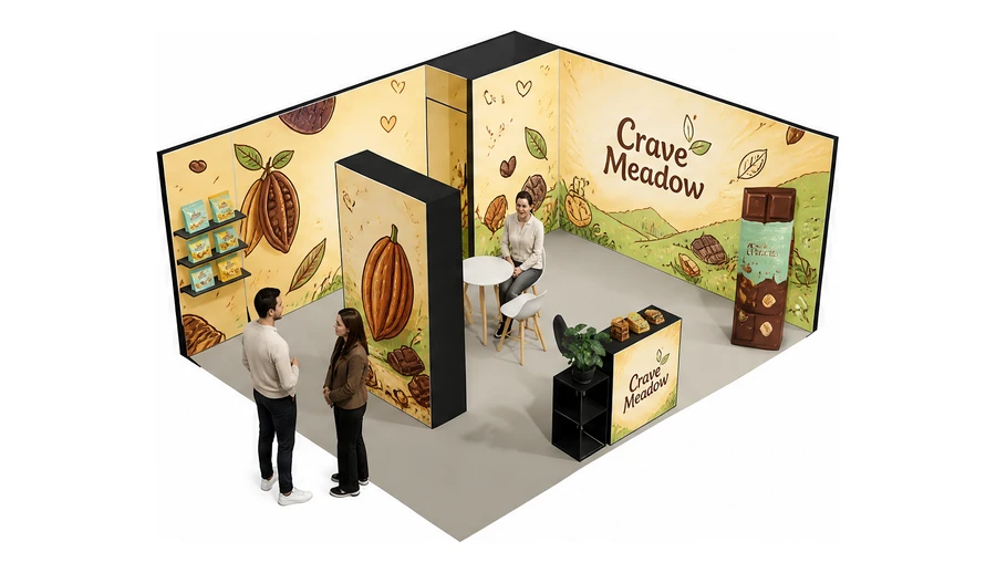 Stoisko 6 × 5 m narożne prawe dla branży słodycze i przekąski, przykładowa marka Crave Meadow