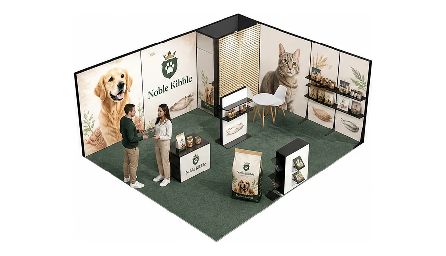 Stoisko 6 × 5 m narożne prawe dla branży karma dla zwierząt, przykładowa marka Noble Kibble