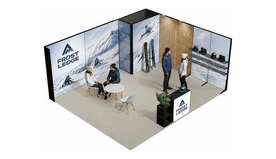 Stoisko 6 × 5 m narożne prawe dla branży narciarstwo i sporty zimowe, przykładowa marka Frost Ledge