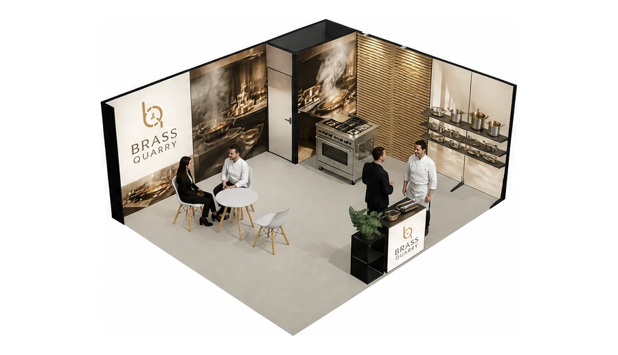 Stoisko 6 × 5 m narożne prawe dla branży wyposażenie gastronomii, przykładowa marka Brass Quarry