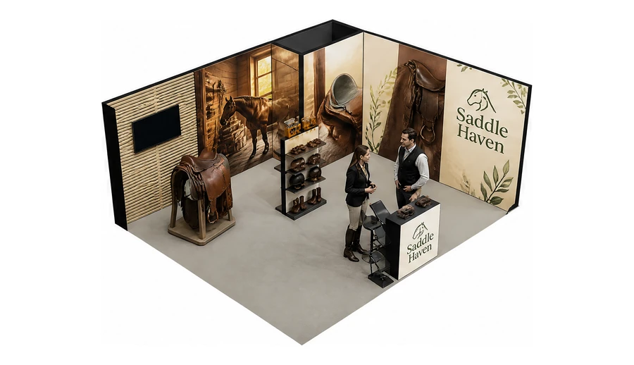 Stoisko 6 × 5 m narożne prawe dla branży jeździectwo, przykładowa marka Saddle Haven