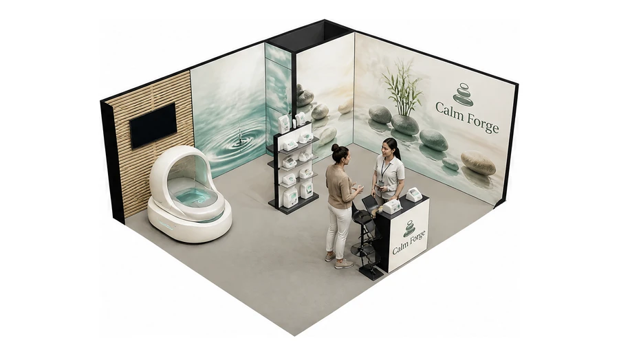 Stoisko 6 × 5 m narożne prawe dla branży spa i wellness, przykładowa marka Calm Forge