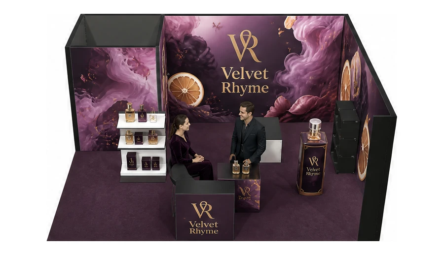Stoisko 6 × 5 m narożne prawe dla branży perfumy, przykładowa marka Velvet Rhyme