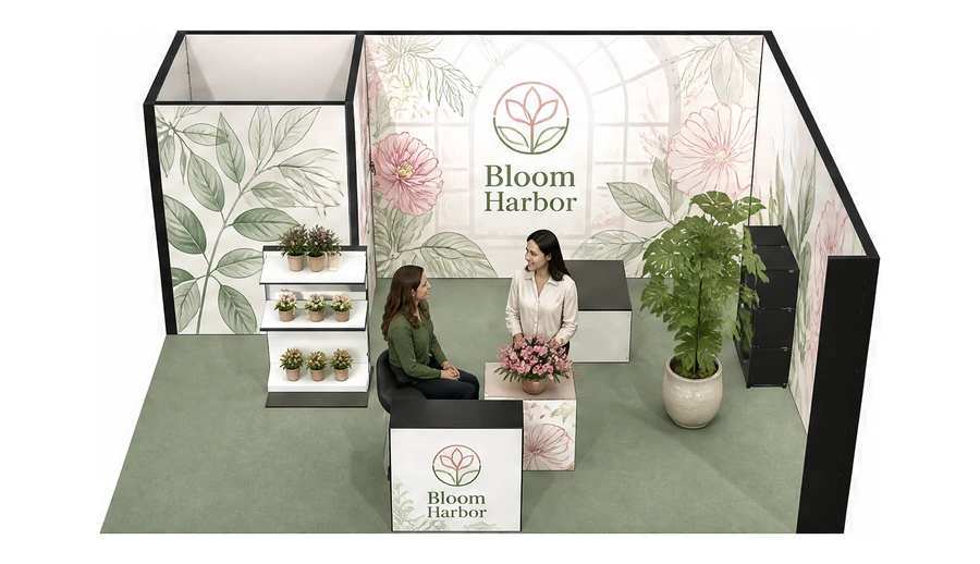 Stoisko 6 × 5 m narożne prawe dla branży rośliny i kwiaciarstwo, przykładowa marka Bloom Harbor