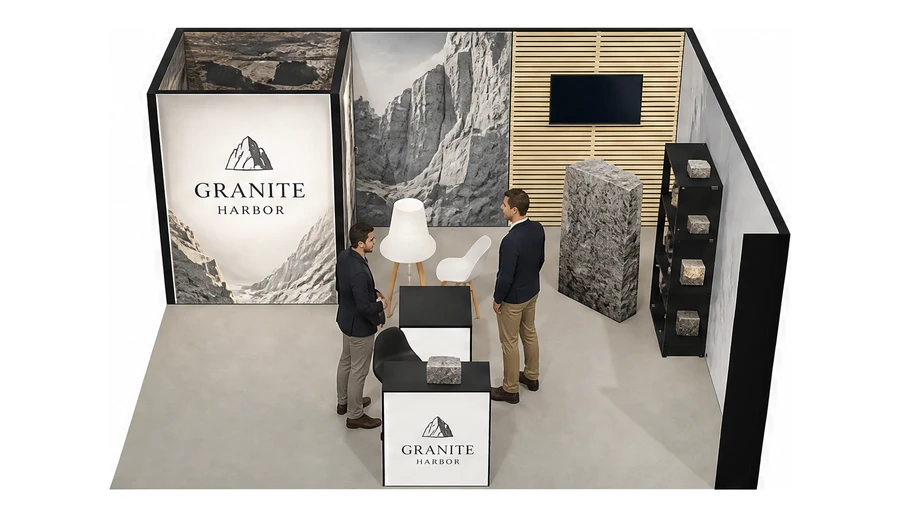 Stoisko 6 × 5 m narożne prawe dla branży kamień i kamieniarstwo, przykładowa marka Granite Harbor