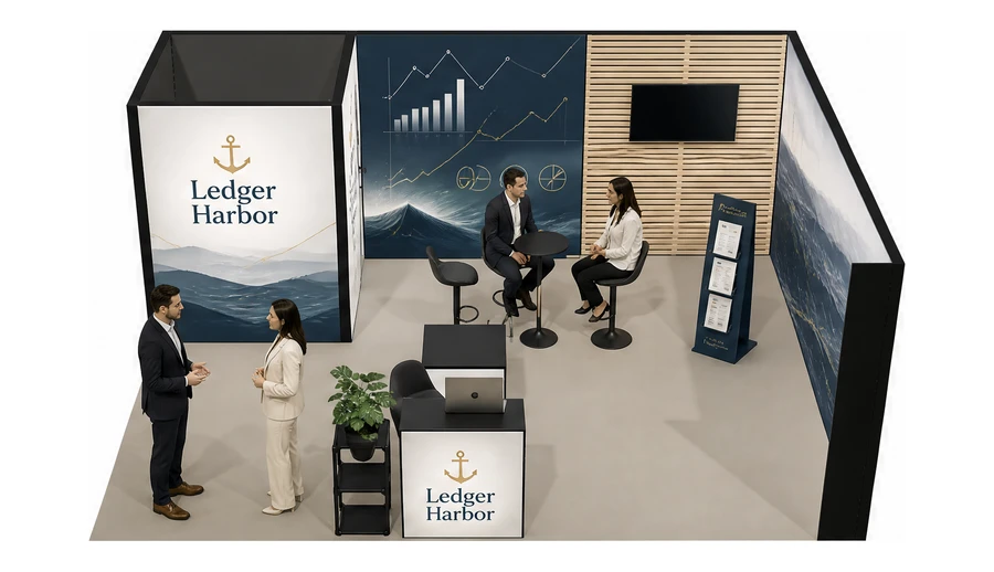 Stoisko 6 × 5 m narożne prawe dla branży usługi finansowe i księgowe, przykładowa marka Ledger Harbor