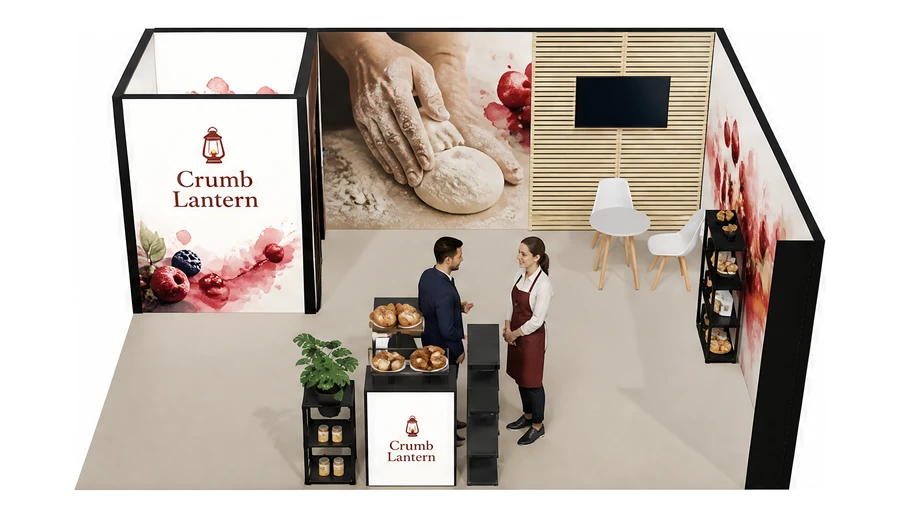 Stoisko 6 × 5 m narożne prawe dla branży piekarnictwo i cukiernictwo, przykładowa marka Crumb Lantern
