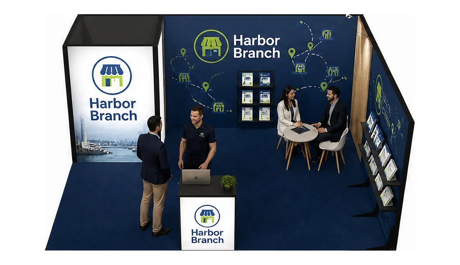 Stoisko 6 × 5 m narożne prawe dla branży franczyza i sieci, przykładowa marka Harbor Branch