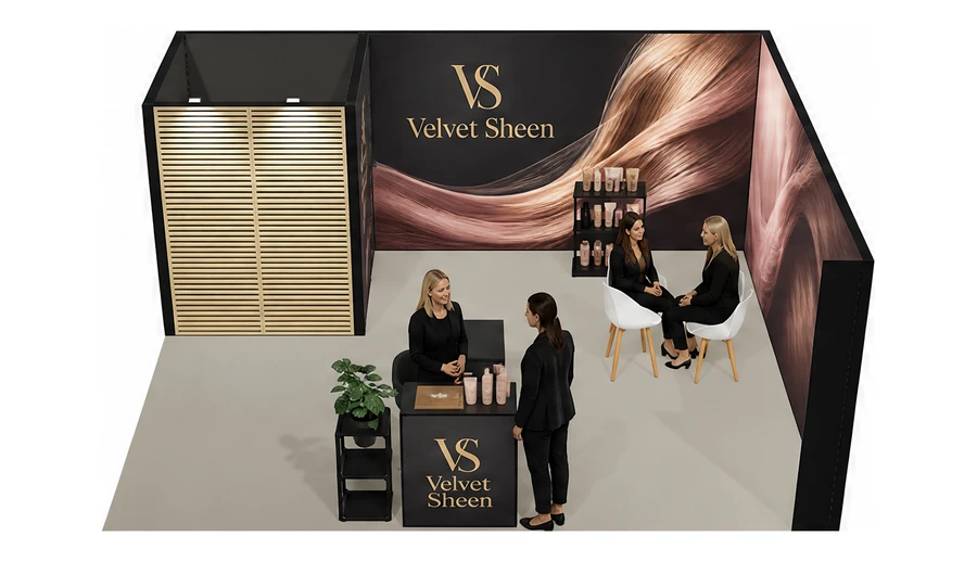Stoisko 6 × 5 m narożne prawe dla branży fryzjerstwo i salony beauty, przykładowa marka Velvet Sheen