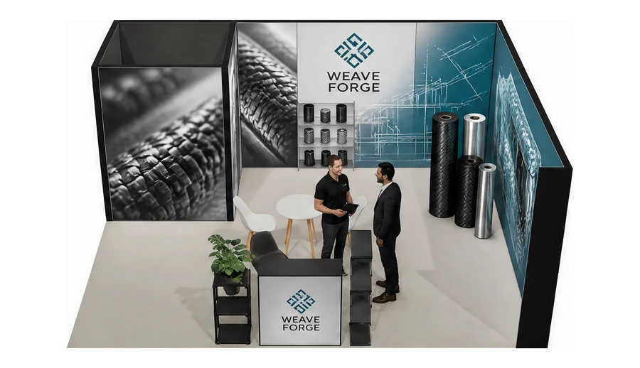 Stoisko 6 × 5 m narożne prawe dla branży materiały kompozytowe, przykładowa marka Weave Forge