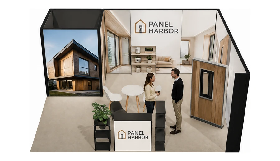 Stoisko 6 × 5 m narożne prawe dla branży domy modułowe i prefabrykacja, przykładowa marka Panel Harbor