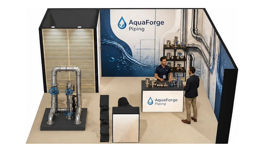 Stoisko 6 × 5 m narożne prawe dla branży instalacje wodno-kanalizacyjne, przykładowa marka AquaForge Piping