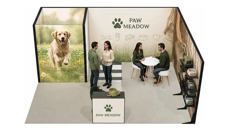 Stoisko 6 × 5 m narożne prawe dla branży akcesoria dla zwierząt, przykładowa marka Paw Meadow